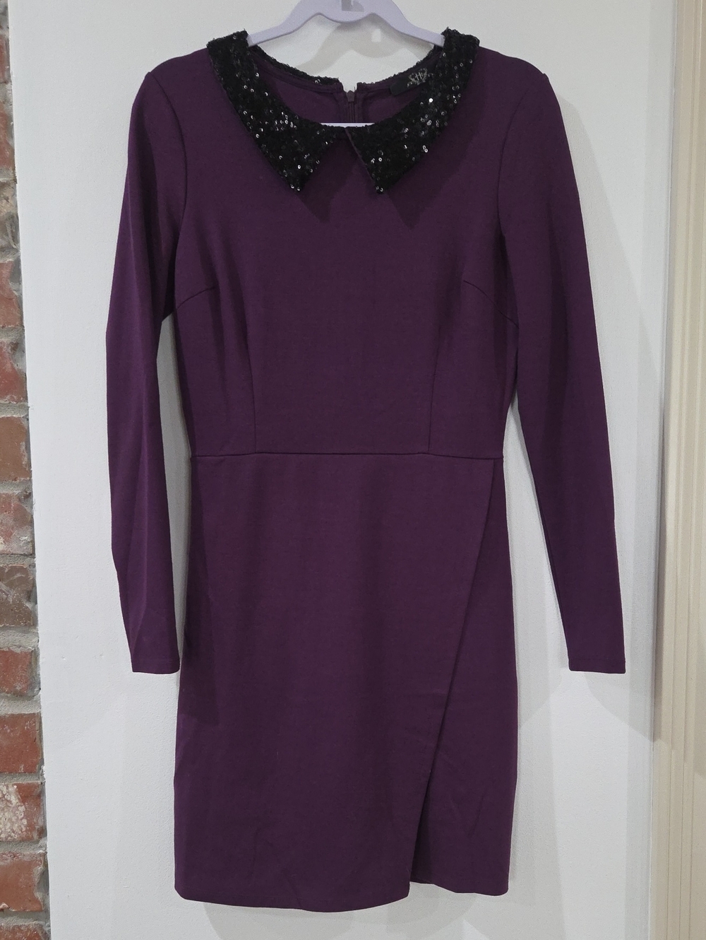 Classic Purple Long-Sleeve Dress with Sequin Black Collar